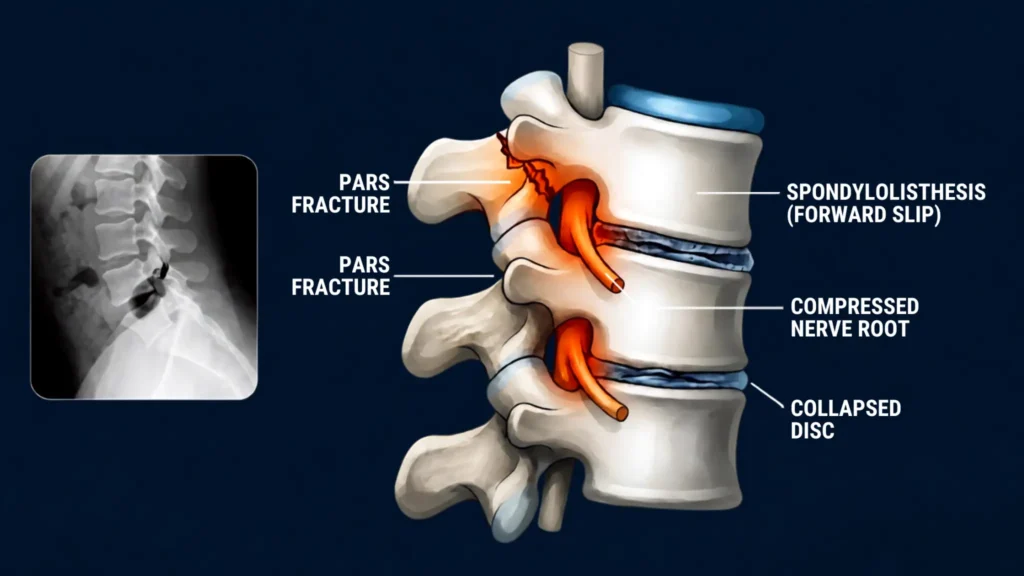 Before-treatment illustration of a lumbar pars fracture leading to vertebral slip and compressed spinal nerves.