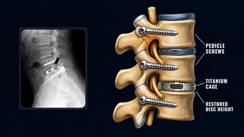 After-treatment illustration showing spinal stabilization and disc height restoration following lumbar fusion surgery.